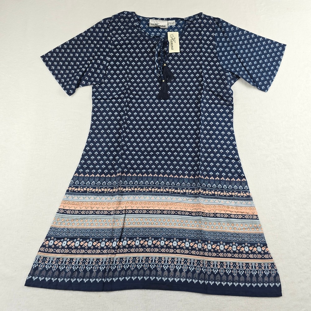 Henna Navy Blue Geometric Border Print Rayon Tassel Tie Tunic Dress One Size NEW